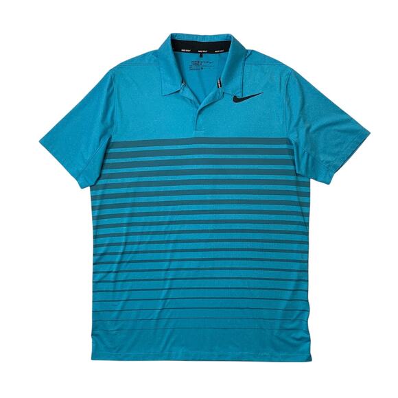 Nike Polo Shirt Mens M Medium Peacock Steel Golf Dri Fit Standard Fit Striped - Picture 1 of 10